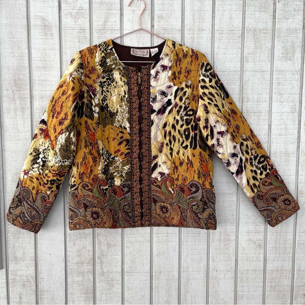 Vintage Life Style Printed Cotton Zip Up Statement Jacket Boho Size Large